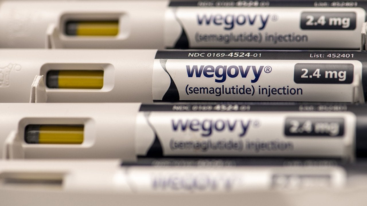 A stack of 2.4mg Wegovy injection pens