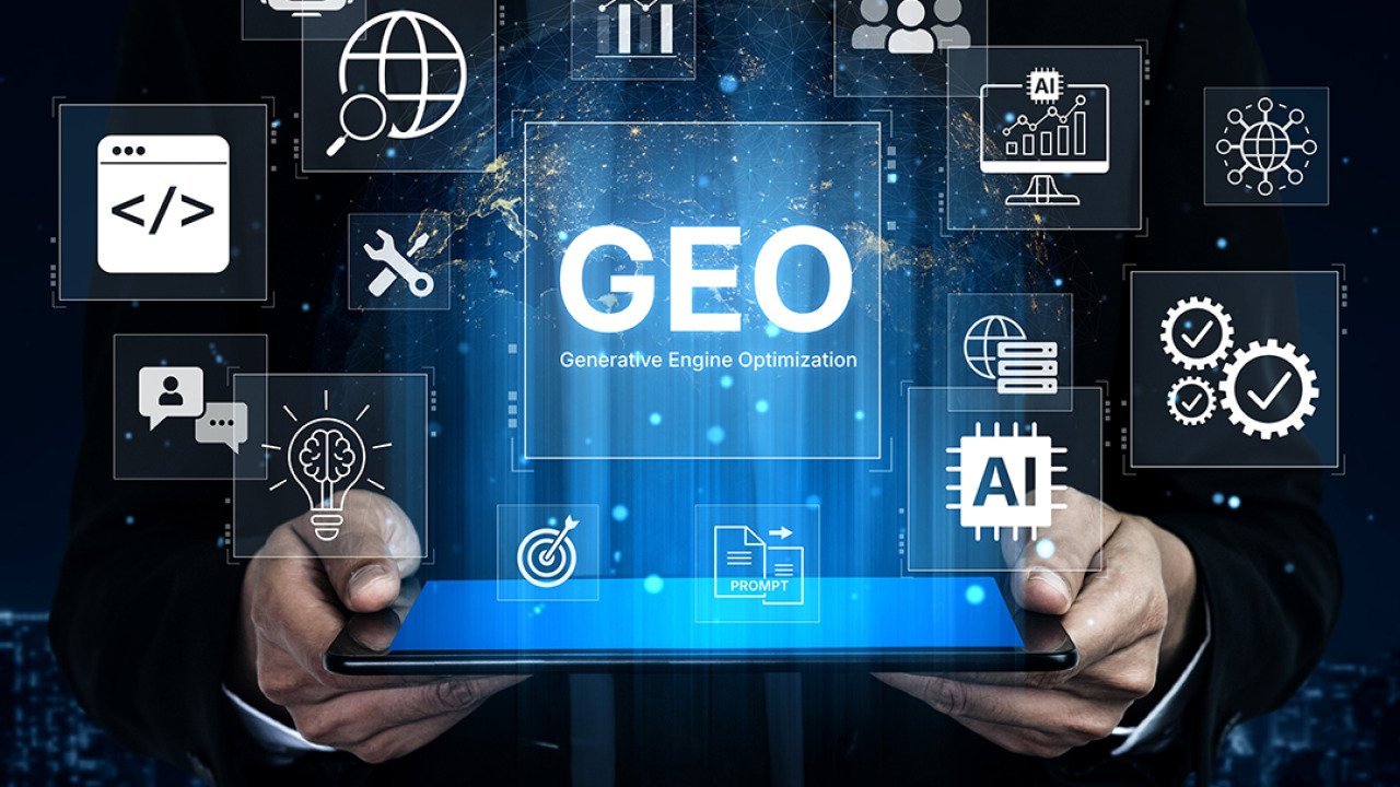 A digital marketing concept featuring GEO strategy for content optimization and AI search engines.
