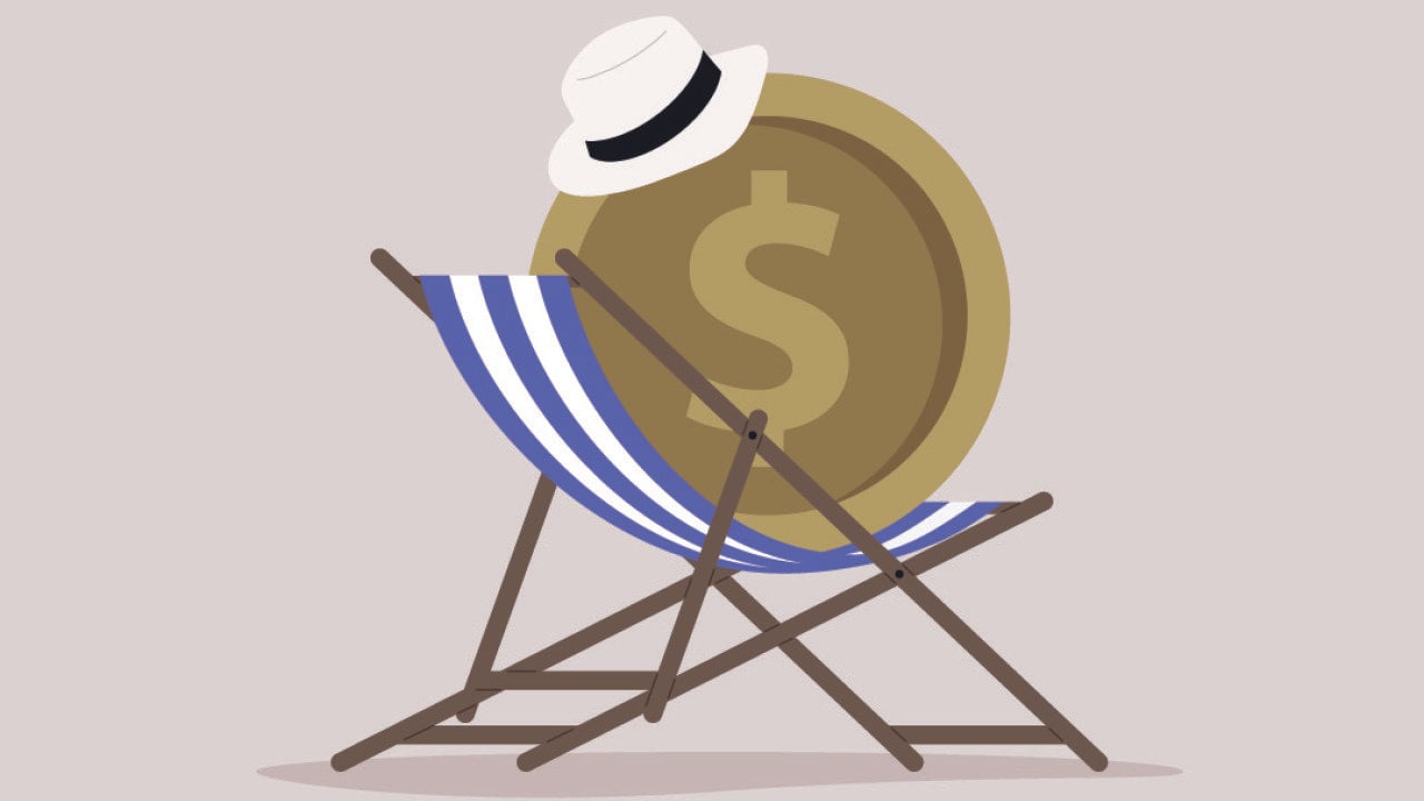 A vacation budget concept illustration of a dollar coin sitting on a beach chair.