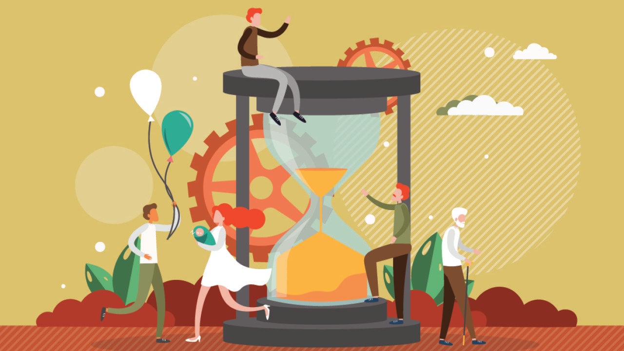 A vector illustration of humans of different ages surrounding an hourglass timer as a concept of aging.
