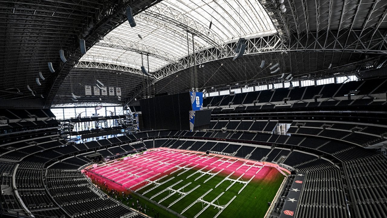 The inside of Dallas Stadium (temporarily renamed from AT&T Stadium for the 2026 FIFA World Cup).