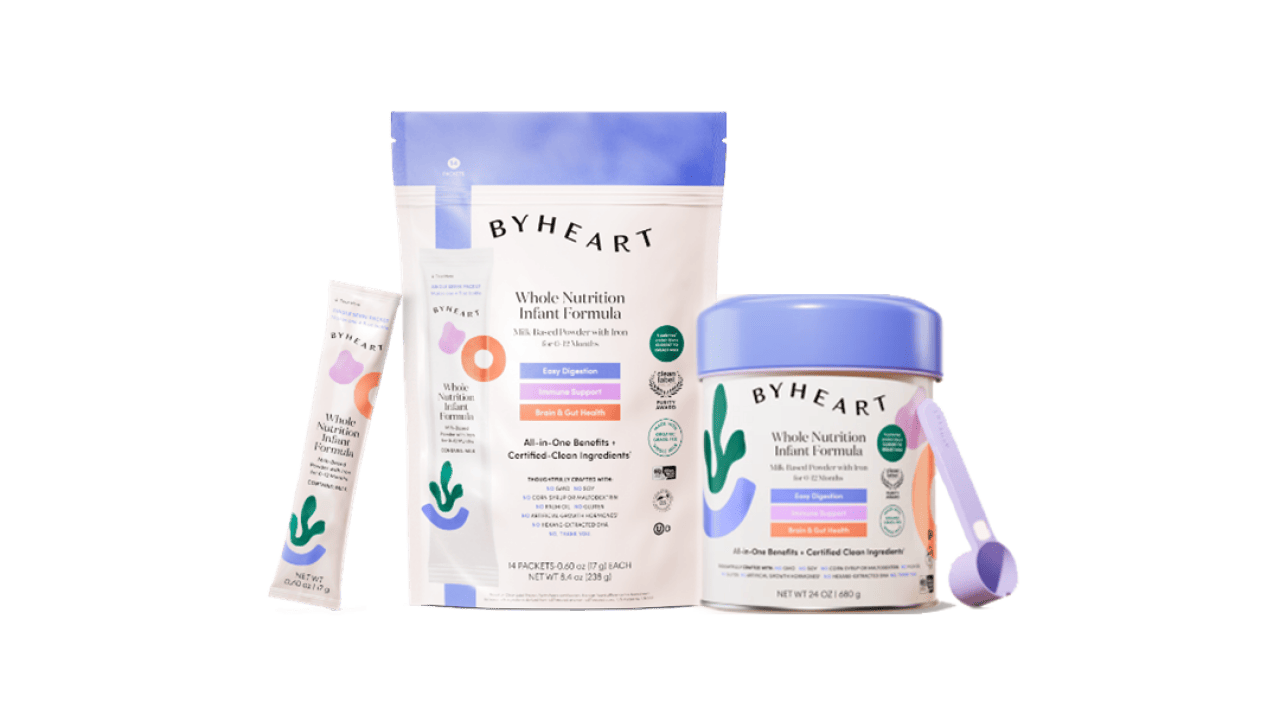 An assortment of ByHeart infant formula products.