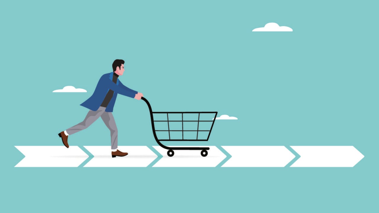 A vector illustration of a customer running a straight dash line with a grocery cart as a concept of customer journey.