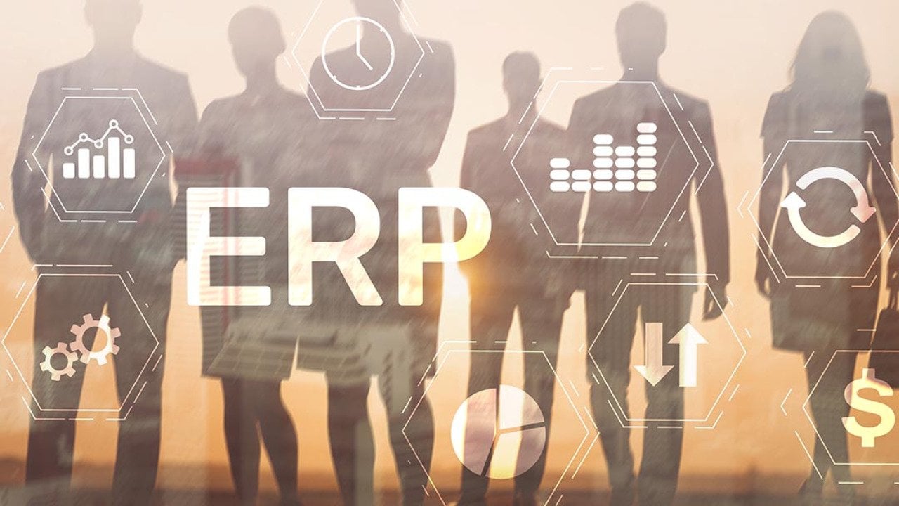 Silhouette of a business group illustrated with ERP graphics as a concept of business automation.