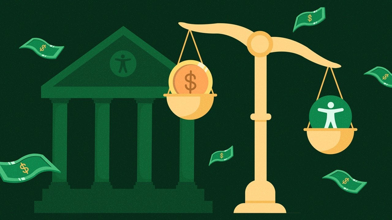A custom illustration of a bank and a scale showing the concept of economic stability or balancing wealth.