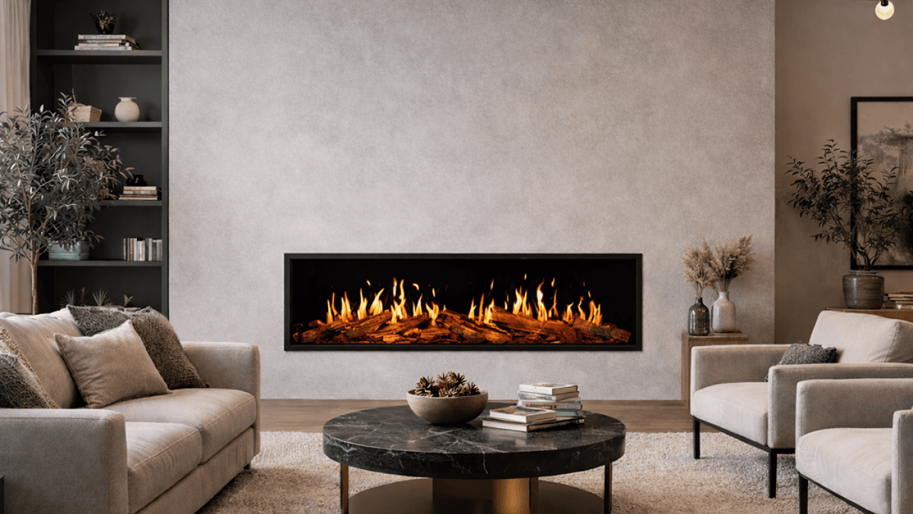 A modern living room space with a built-in linear electric fireplace.