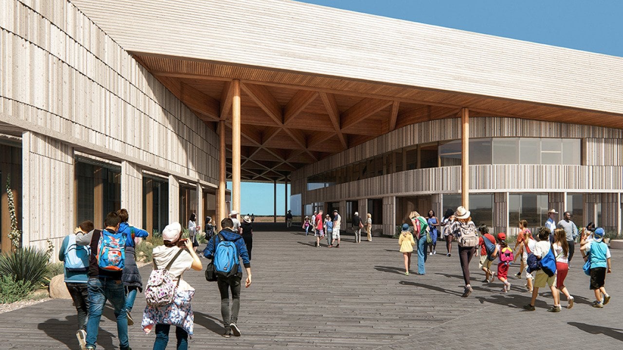An architectural rendering of the museum's breezeway.