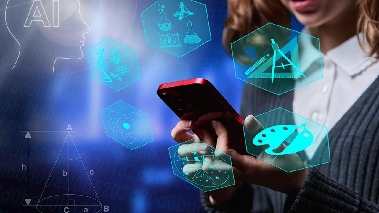 A pre-teenage girl using a smartphone illustrated with AI graphics.