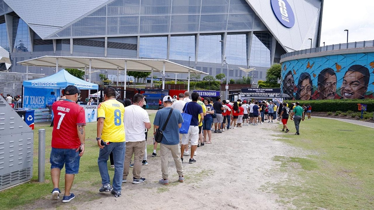 Attendees queueing for the fan mart at the 2026 FIFA World Cup Trophy Tour in Atlanta, Georgia, USA.