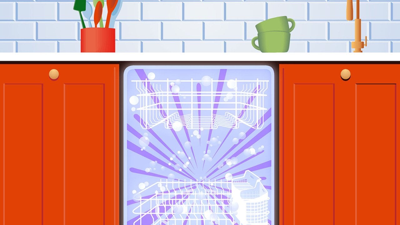 An illustration of a dishwasher compartment installed with cabinets, tiled backsplash, and countertop with kitchen tools.