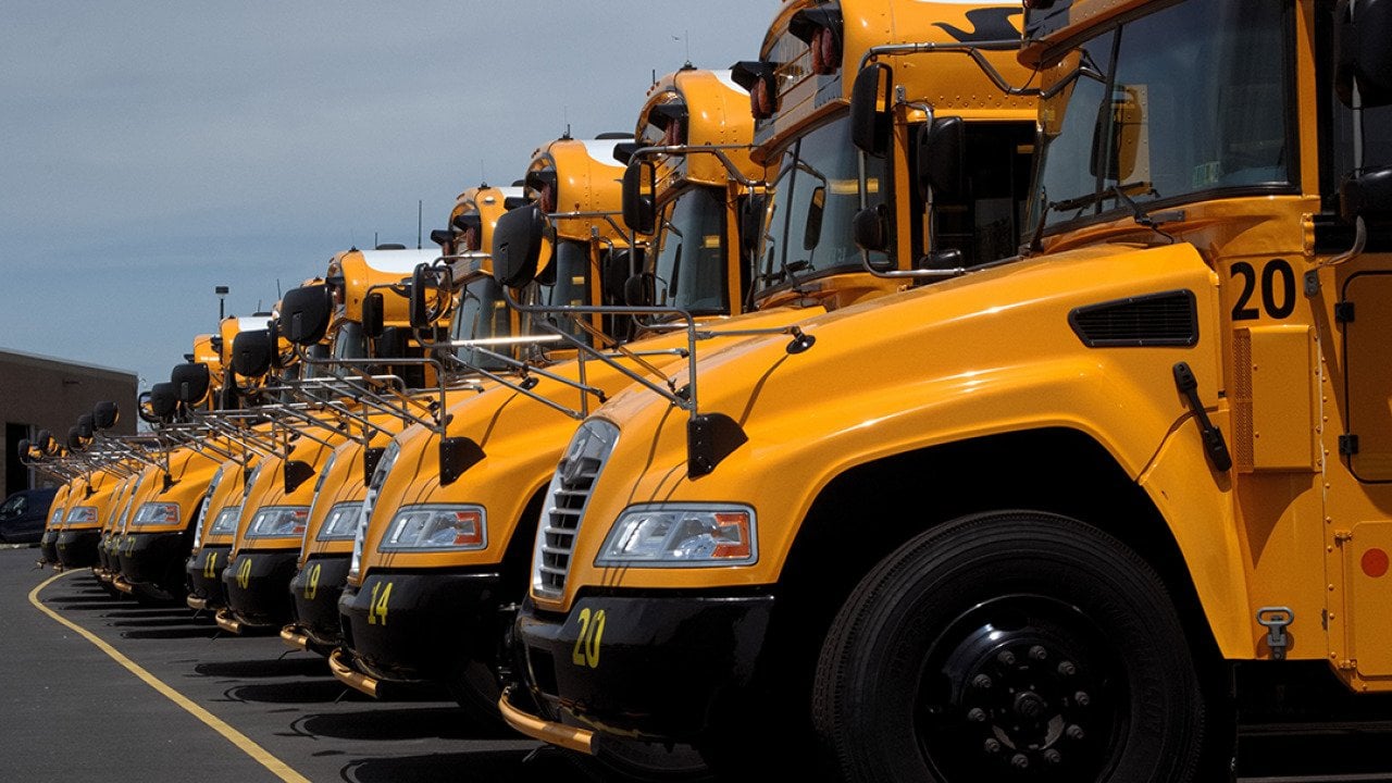 A row of yellow school buses in a parking lot.