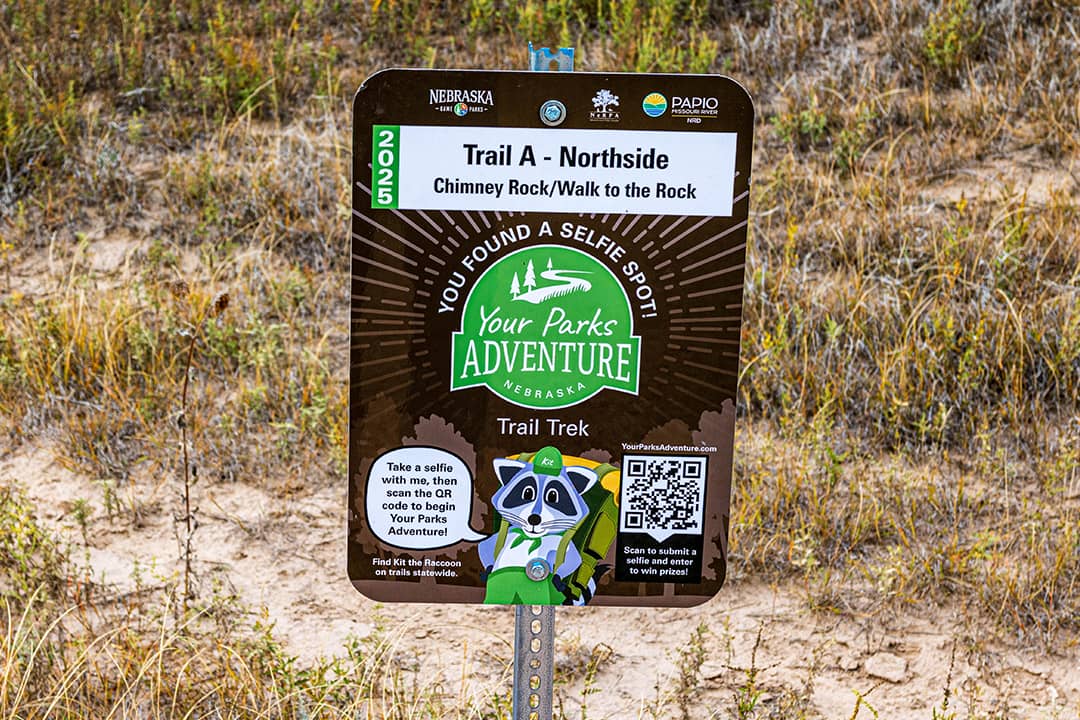 A sign with a QR code on the trail at Chimney Rock National Historic Site in Nebraska