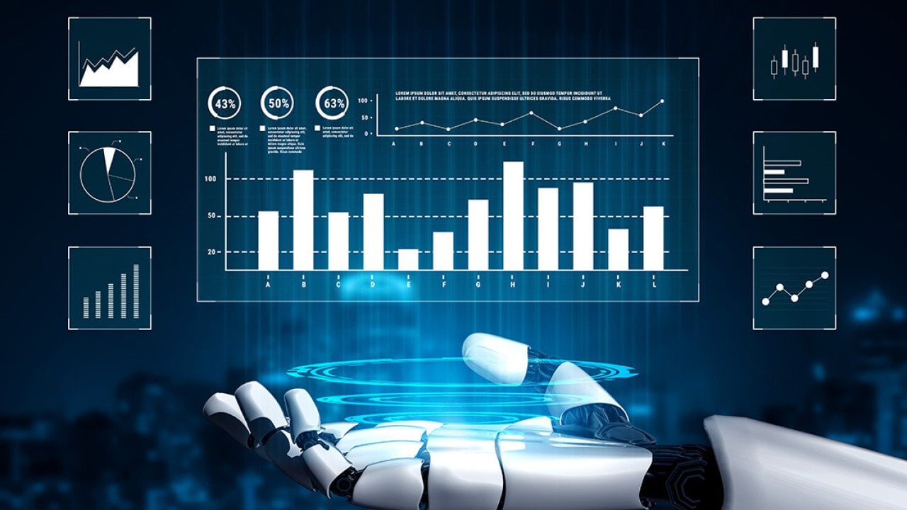 An AI interface showing financial analysis charts and stock market reporting utilized by an AI robot.