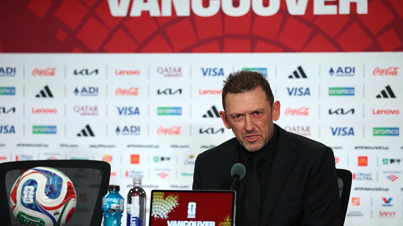 Australian head coach Tony Popovic speaking to the media in a post match press conference after the Australia-Türkiye Group D match at the FIFA World Cup 2026 in Vancouver, British Columbia, Canada.