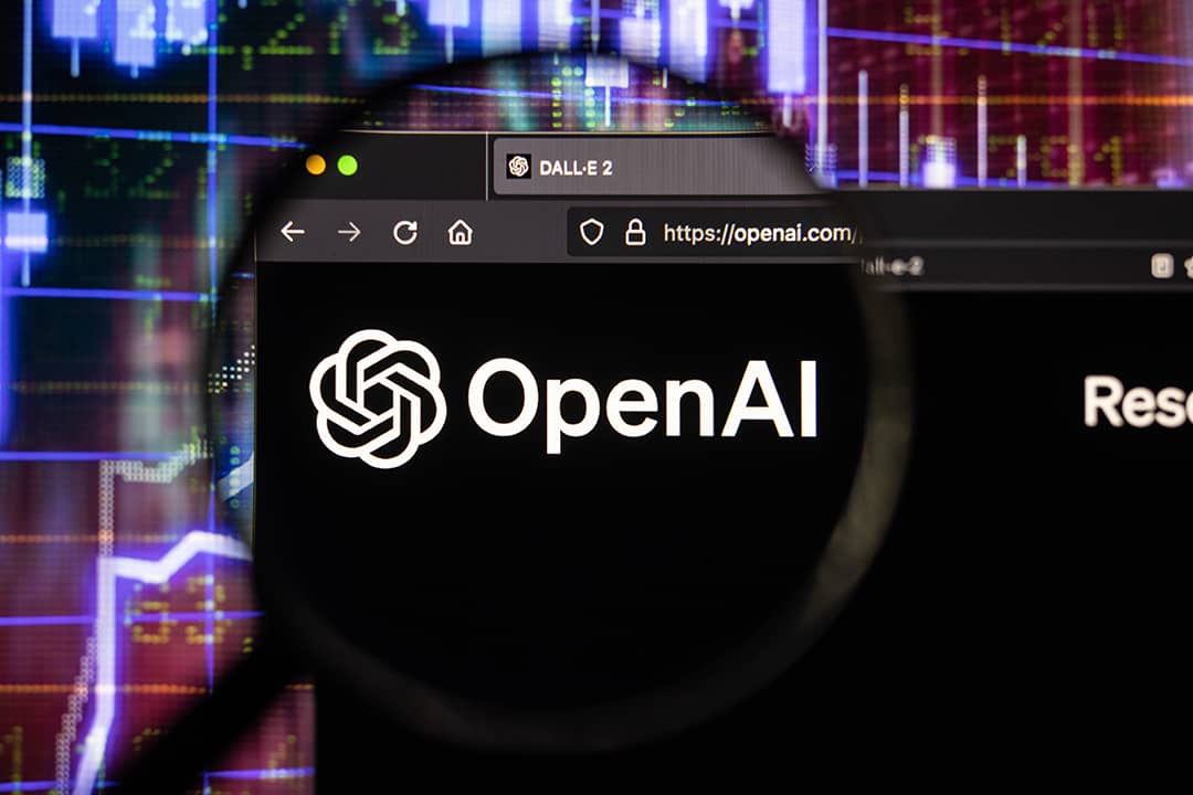 A magnifying glass over an OpenAI logo on an open browser.