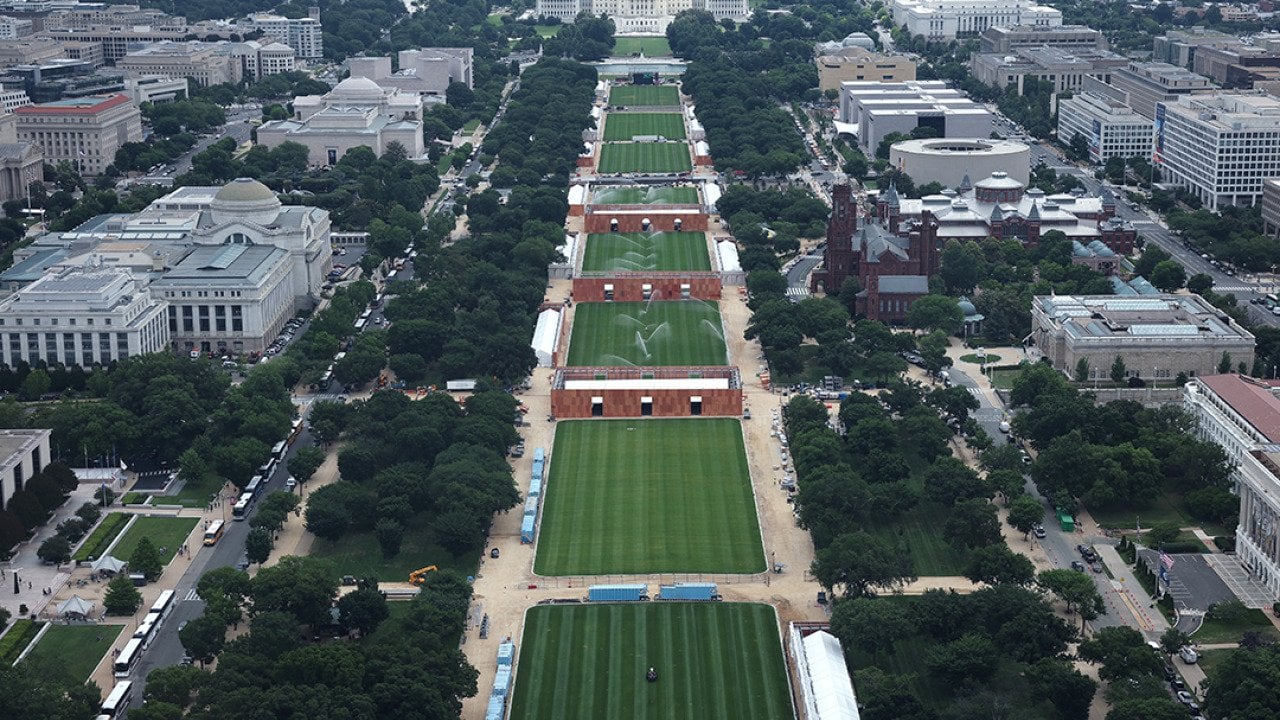 The National Mall is shown as preparations begin for the Great American State Fair on June 8, 2026 in Washington, DC.