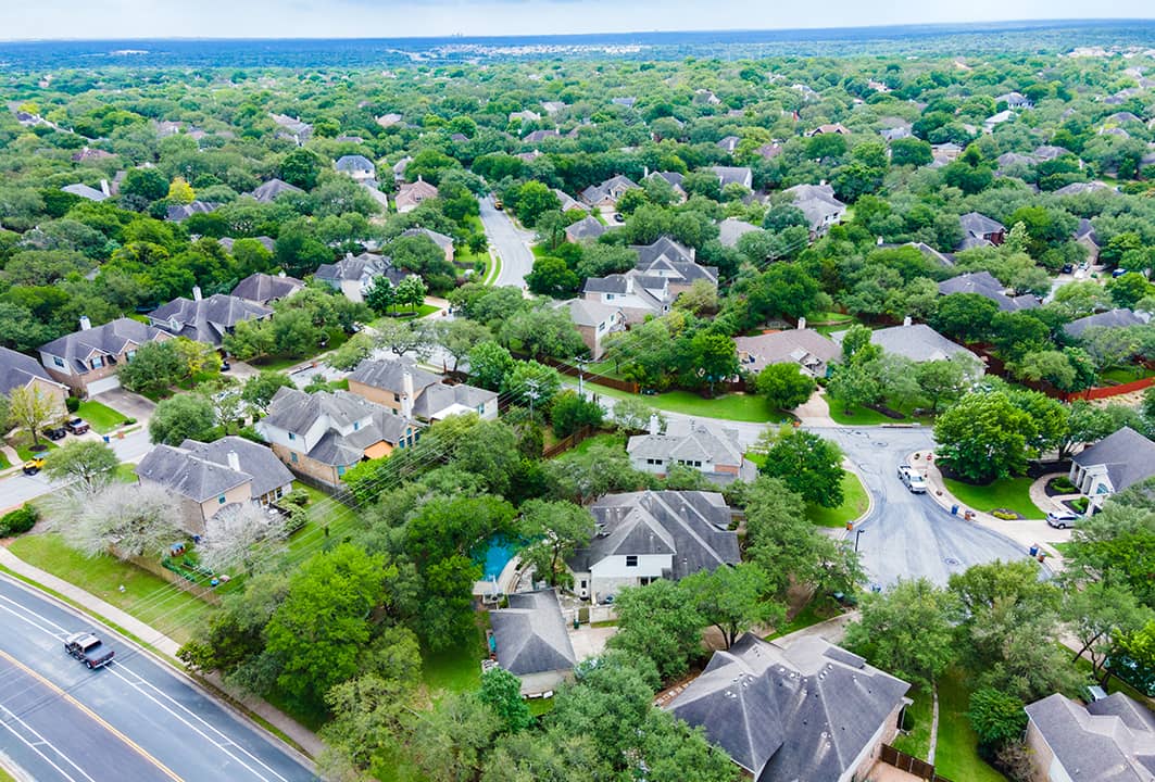 Aerial view of an urban and luxury housing neighborhood in Austin, Texas.