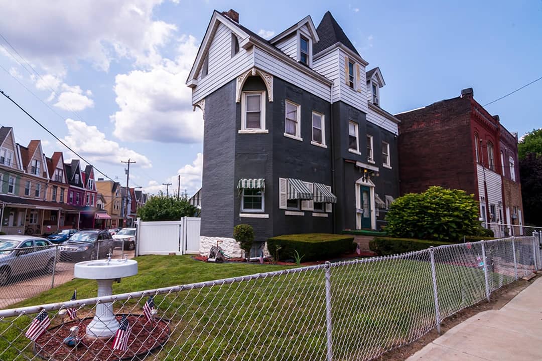 A three-story house built in 1929 and seen along Dawson Street in the south Oakland neighborhood in Pittsburgh, Pennsylvania, USA.