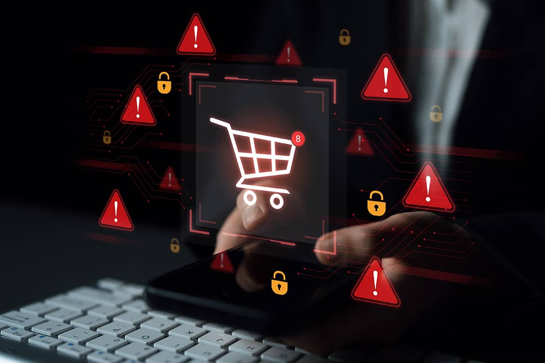 E-commerce security alert graphics over a person typing on a keyboard while shopping online.