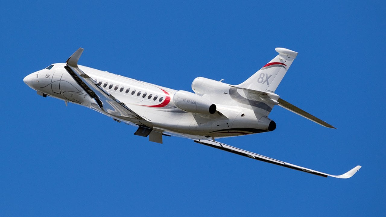 A New Dassault Falcon 8X business jet up in the air for the Paris Air Show in Le Bourget, France.