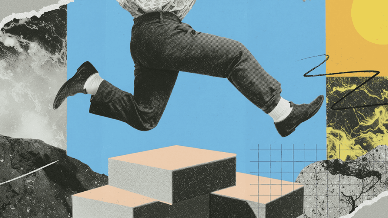 A creative collage illustrating taking leaps in an unstable economy.