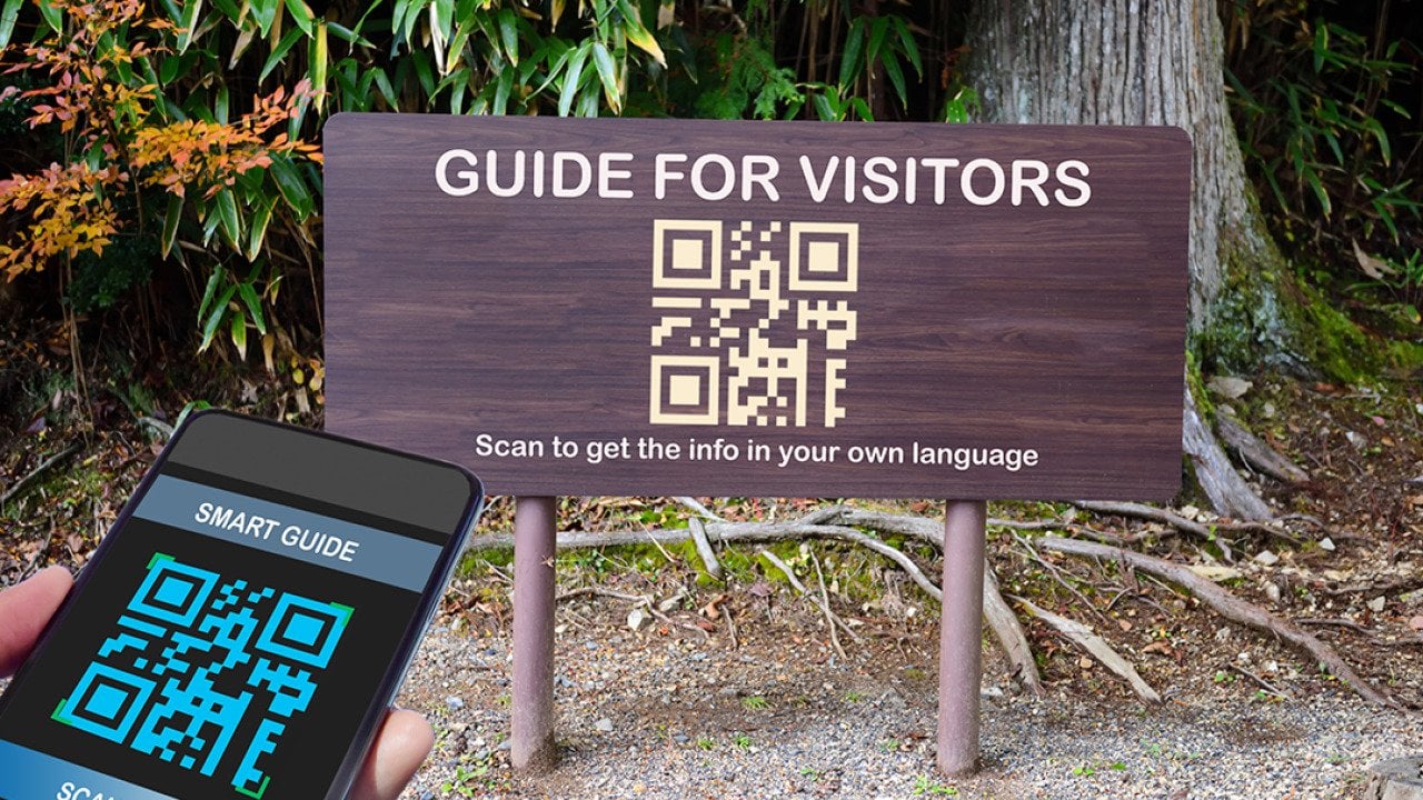A signage with a guide for visitors QR code label for traveling.