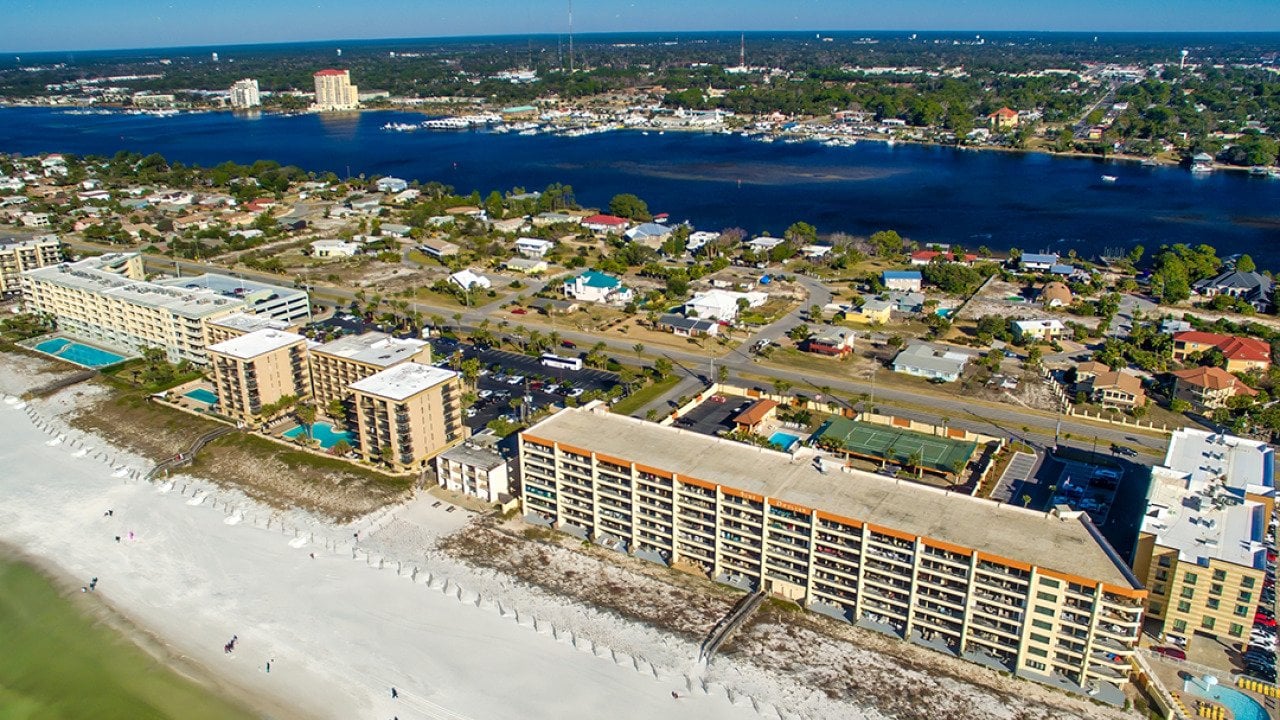 Aerial view of the cityscape and beach of Fort Walton in Florida.