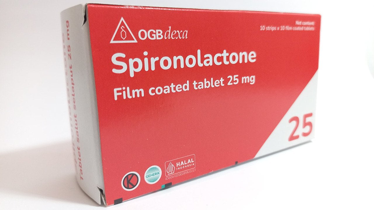 A box of Spironolactone 25 mg film-coated tablets in a white background.
