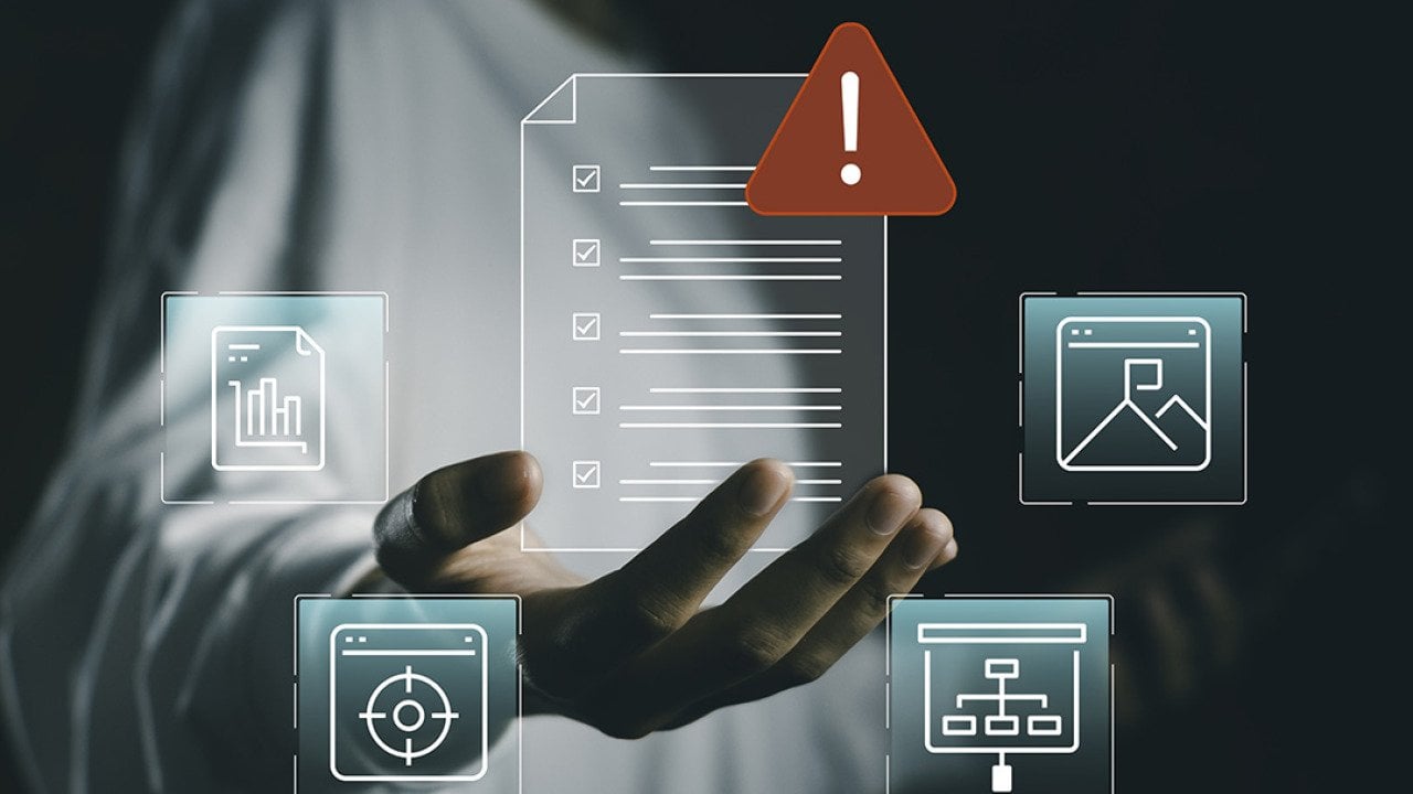 A business person holding a floating and virtual checklist interface with document icons.