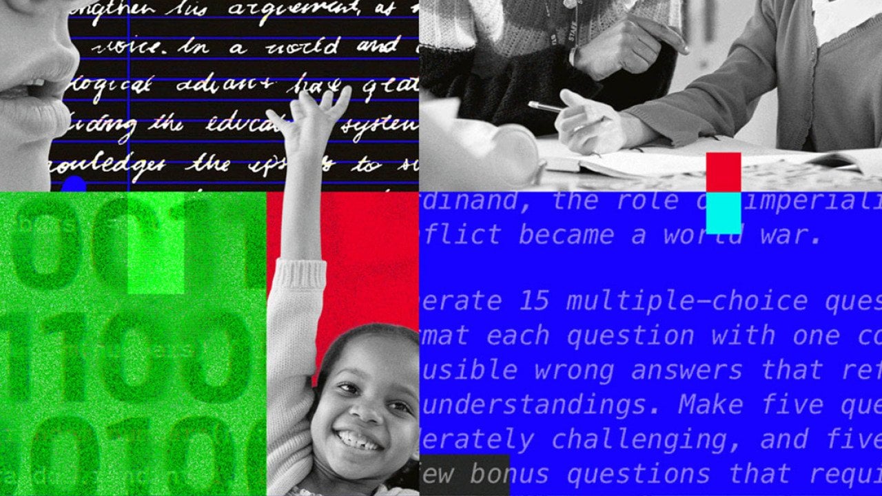 A custom collage illustration showing concepts of teaching young students and integrating AI in learning.