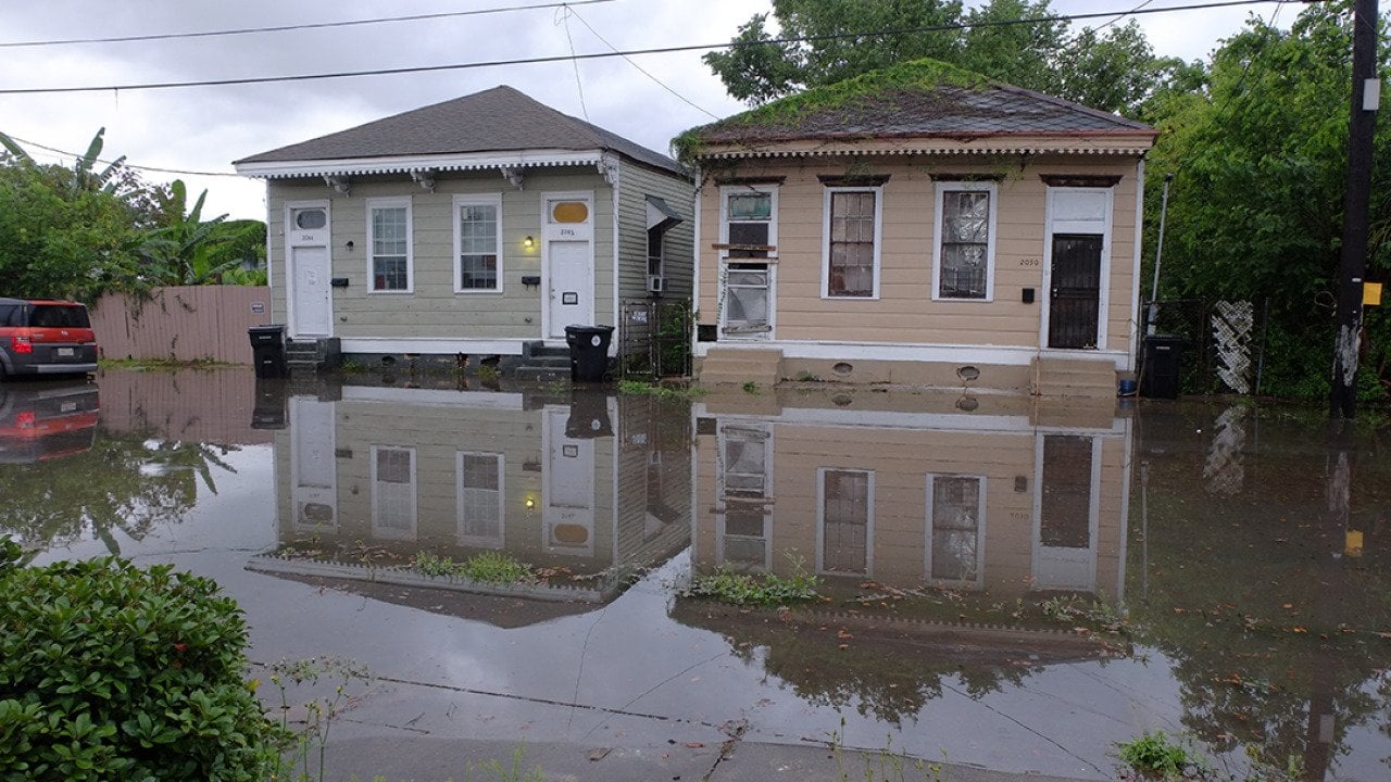 A view of the street flooding after heavy rains in uptown New Orleans.