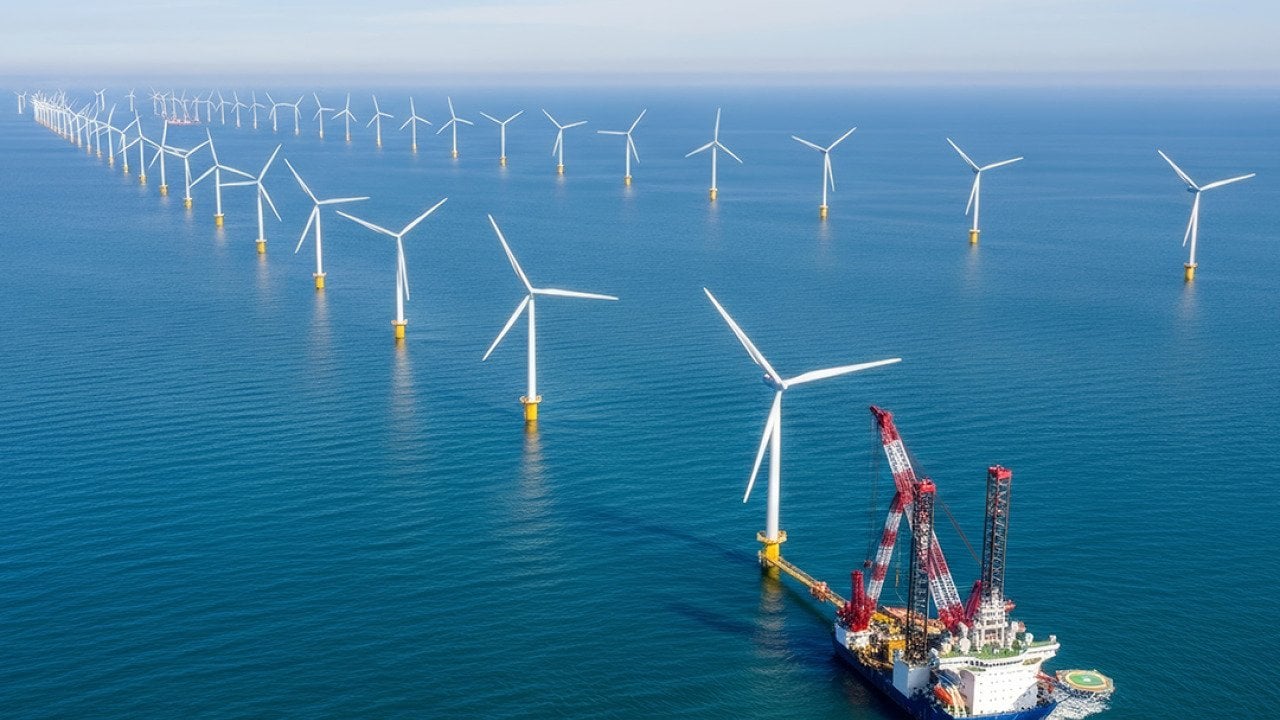 An offshore wind farm with turbines and installation crane vessel.