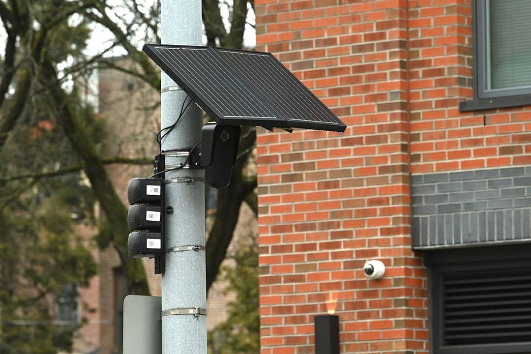 A Flock Safety camera is seen on the corner of River Street and Congress Street in New York.