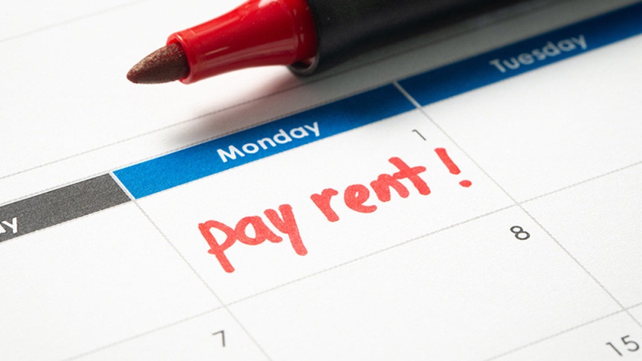A rent payment reminder written in a personal calendar.