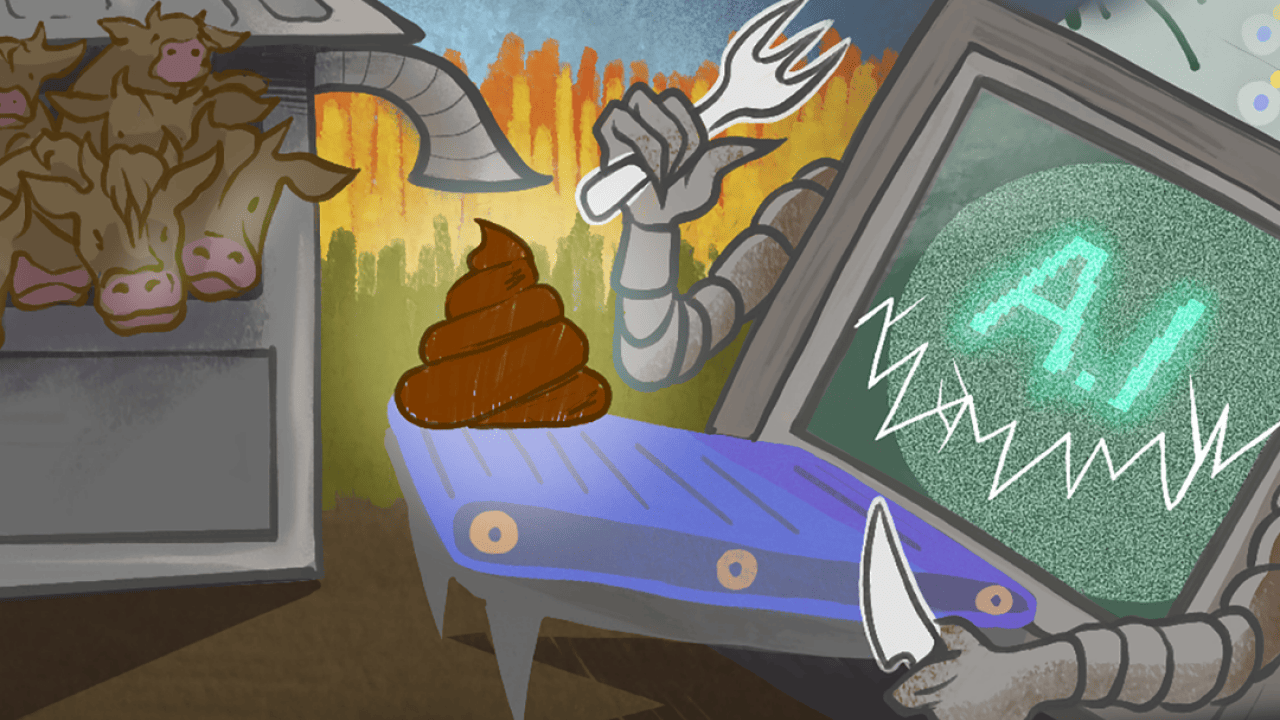 A custom graphic illustration depicting the concept of utilizing cow manure to fuel AI data centers.