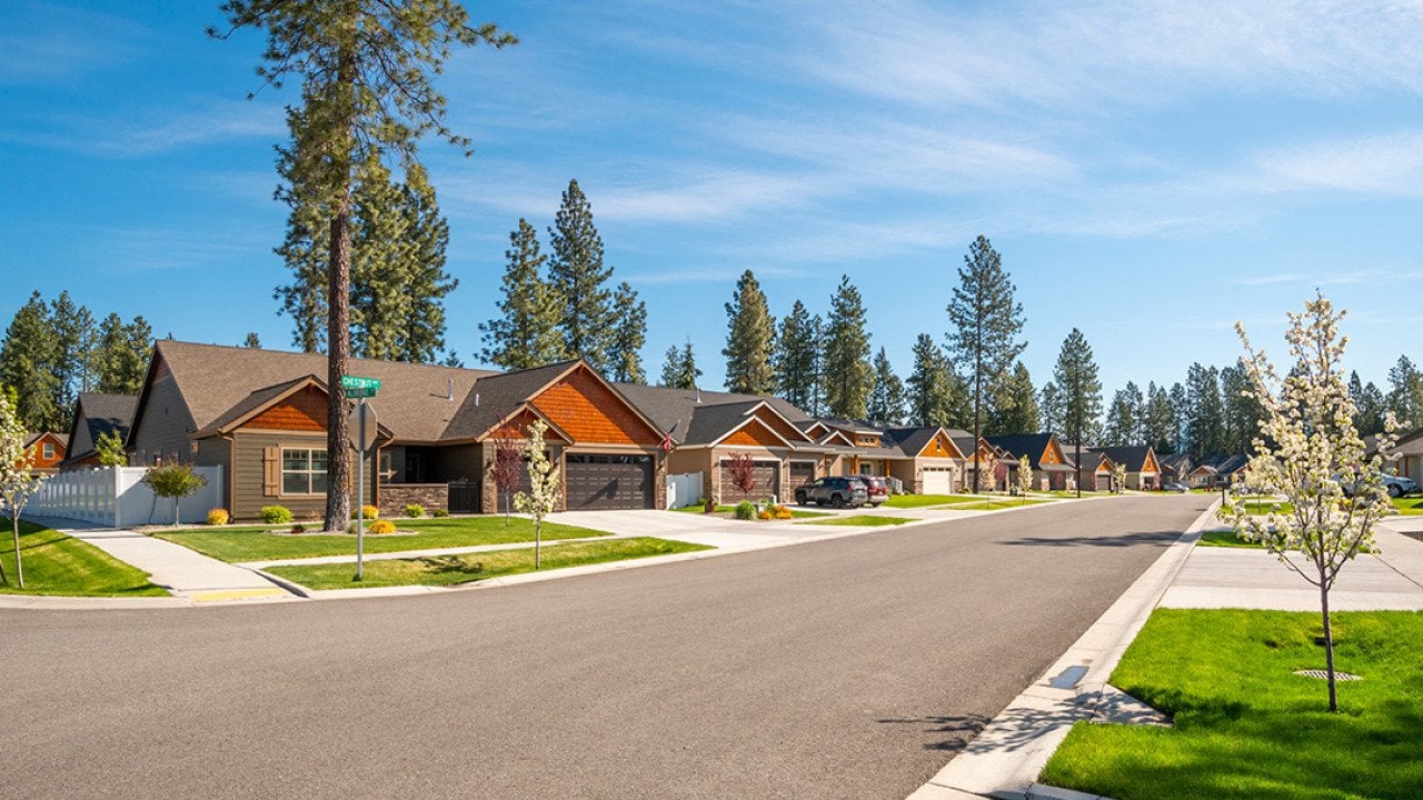 A neighborhood of new homes from a suburban community in Coeur d'Alene, Idaho, USA.