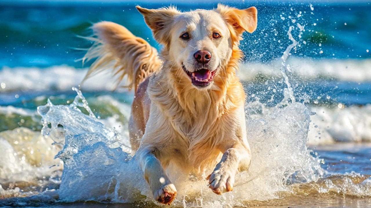 A dog running through the beach's sea waves. 