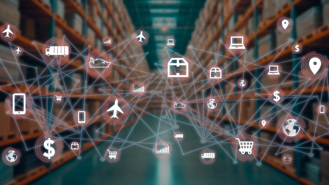 Global distribution concept icons connected together with a product warehouse in the background.