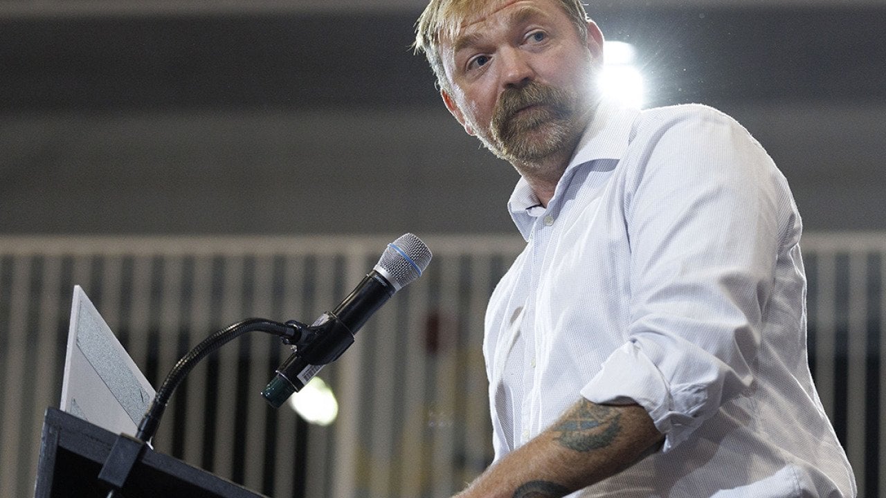 U.S. Senate candidate and Democratic Party's Graham Platner speaking at his Primary Election event in Blue Hill, Maine.