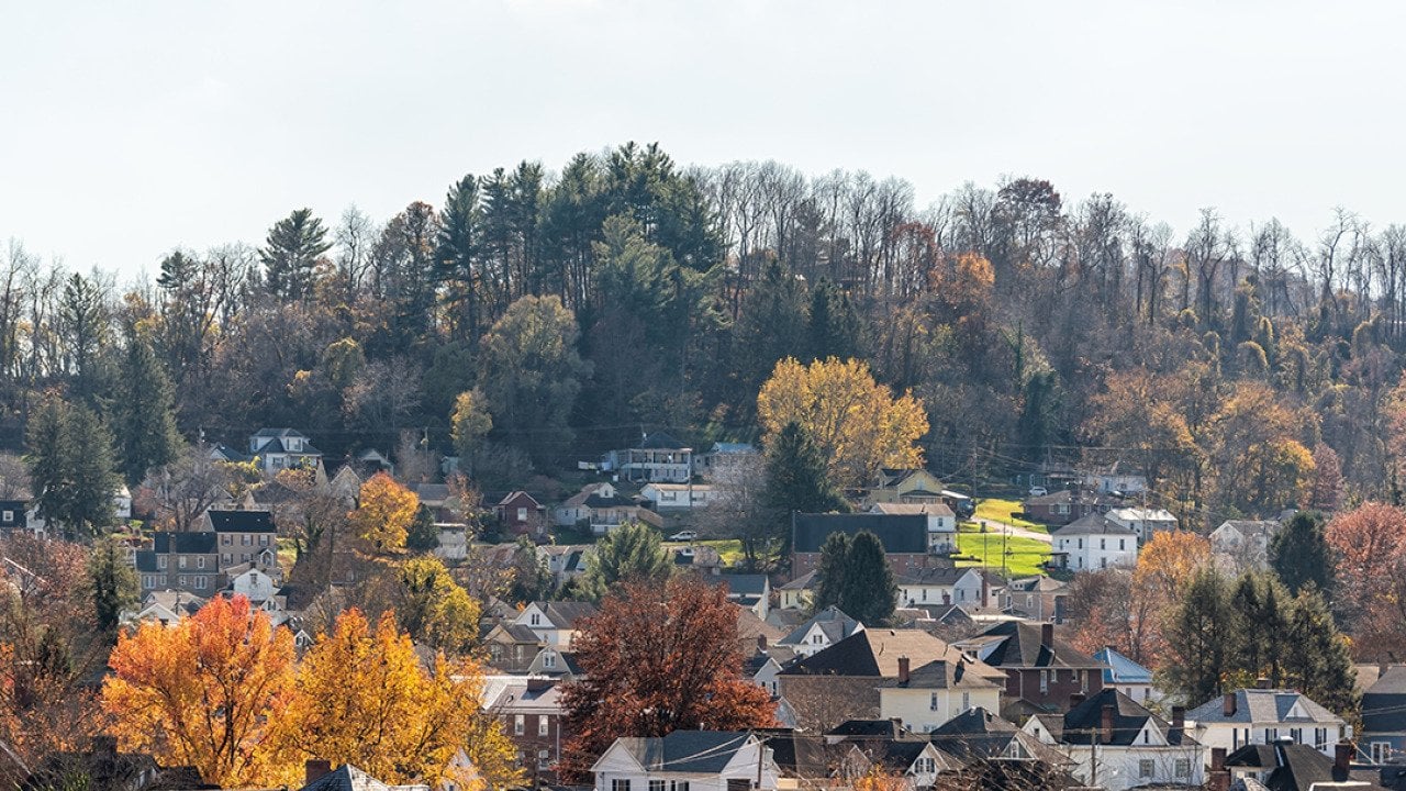 Aerial view of countryside homes in West Virginia.