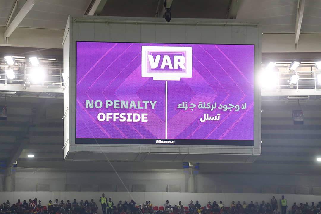 VAR decision, no penalty for offside displayed from the stadium's big screen during the FIFA World Cup Qatar 2022 Group F match between Croatia and Belgium. 