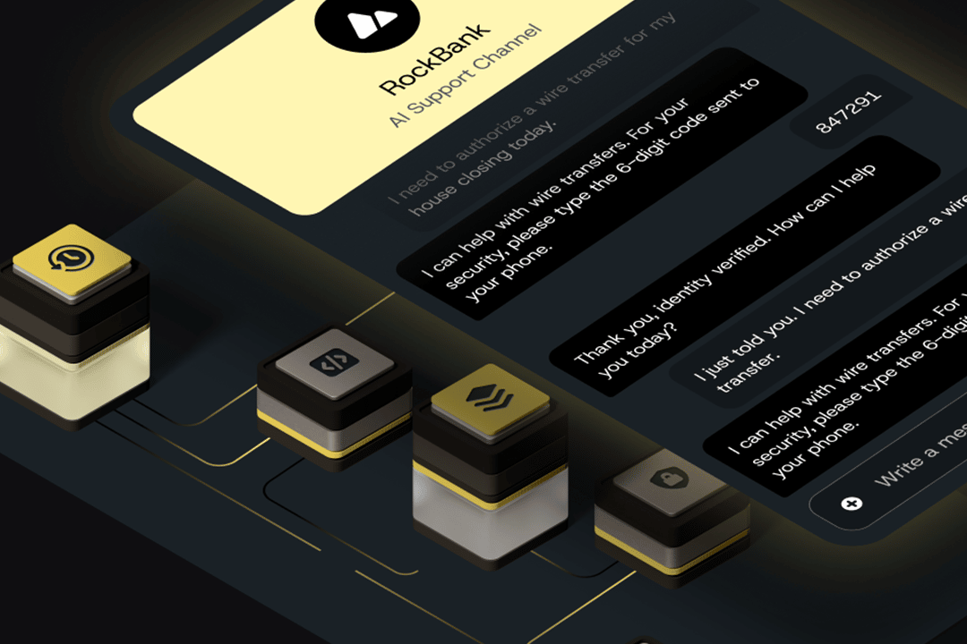 A 3D graphic of the RockBank AI Support Channel from a digital bank.