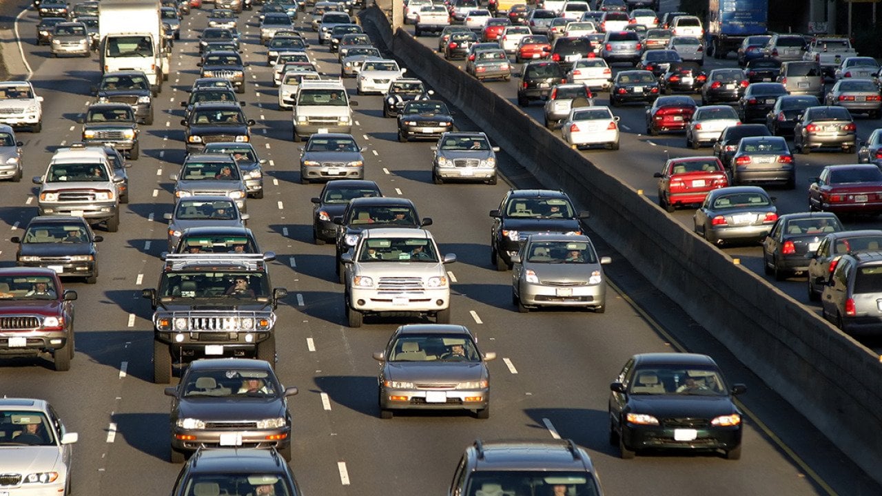 View of a traffic jam in Los Angeles, California.