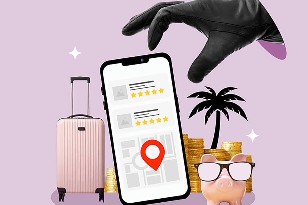 A collage of a smartphone and vacation items with a hand stealing above, depicting a travel scam concept.