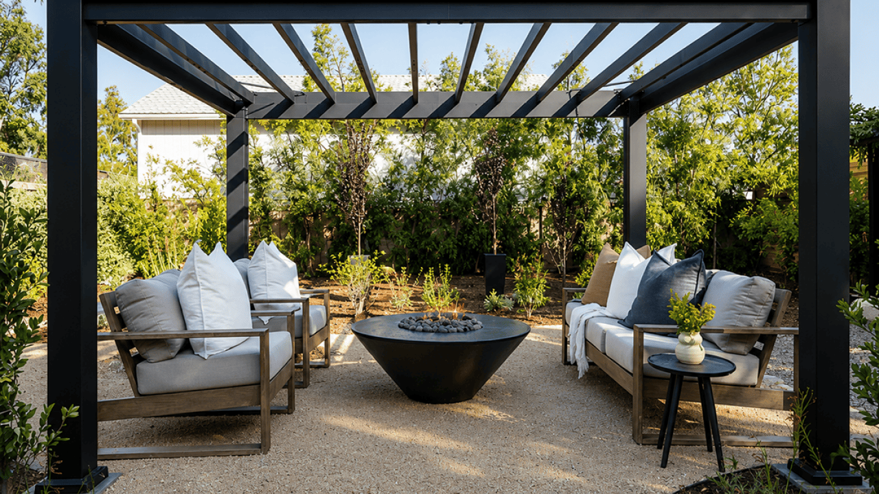 A modern black aluminum pergola structure with a contemporary outdoor lounge area.