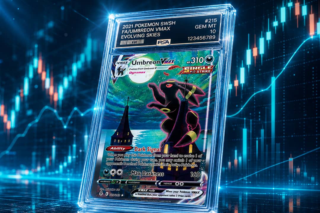 An encased, graded Umbreon VMAX card, a prized Pokémon trading card collectible, illustrated with stock market graphics.