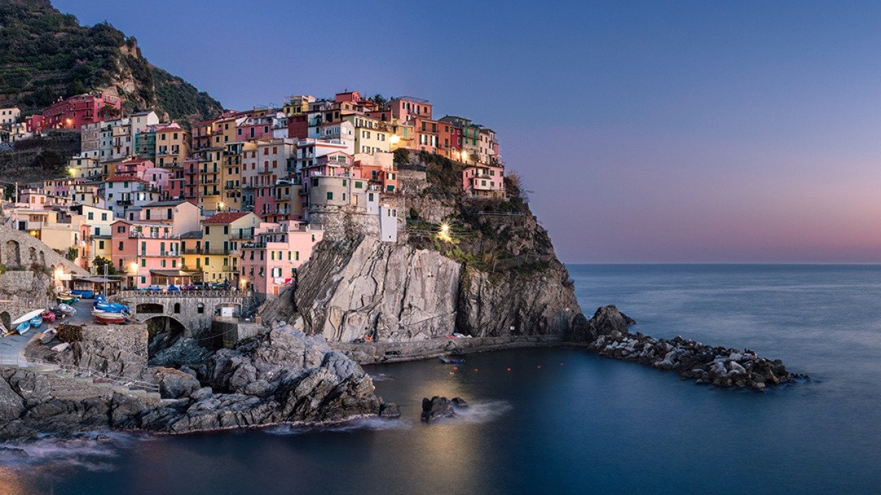 A view of the coastal town of Manarola in the Cinque Terre region of Liguria, Italy.