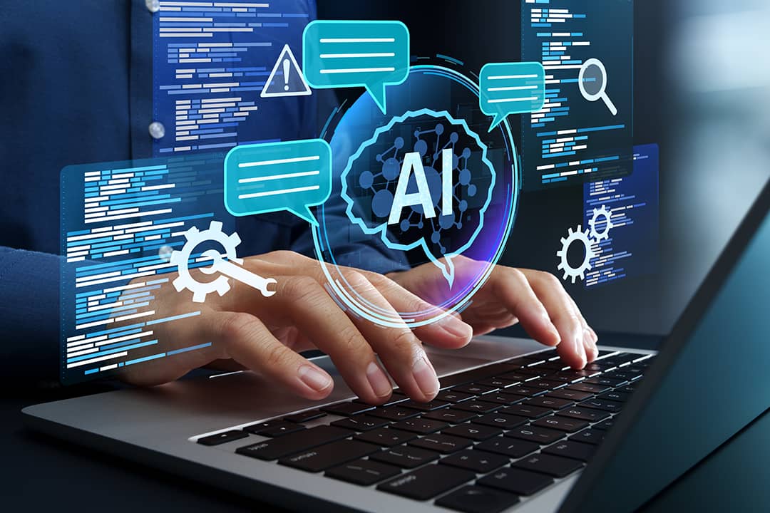 A businessman navigating an AI-assisted software or programming tool.