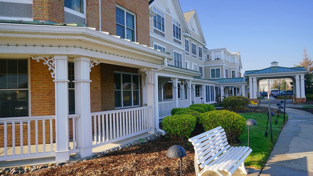 Front exterior views of senior and assisted living facilities. 