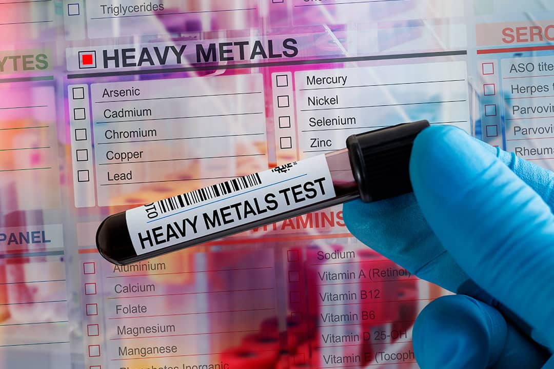 A blood sample tube collected for heavy metals test in a laboratory.
